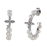 Sterling Silver Pearl & Diamond Flower Hoop Earrings